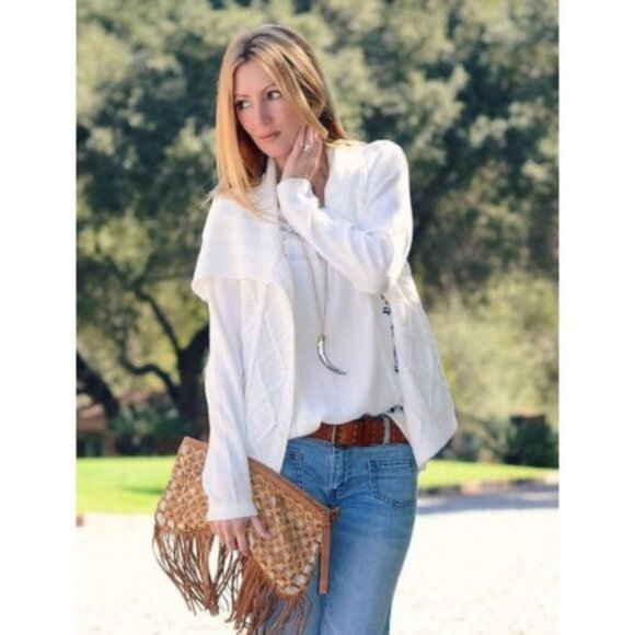 CAbi open cable knit mix media beige cardigan 100% cotton, trapped front Sz: XS - Picture 2 of 10